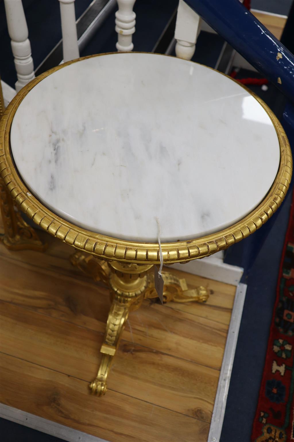A Victorian giltwood occasional table with later marble top, 55cm diameter, 82cm high